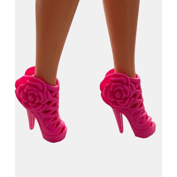 Barbie Doll Shoes Pink Strappy High Heels Roses Arched Feet - Picture 1 of 7